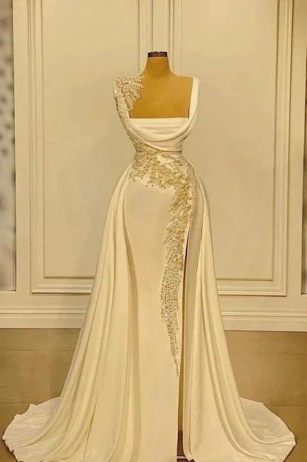 A-Line Wide Straps Square Neckline Beading Prom Dress With Side Slit
