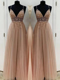 A-Line/Elegant Beading Tulle Spaghetti Straps Sleeveless Floor-Length Prom Dresses