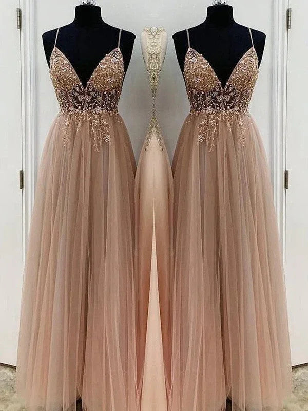 A-Line/Elegant Beading Tulle Spaghetti Straps Sleeveless Floor-Length Prom Dresses