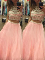A-Line/Elegant Halter Sleeveless Tulle Floor-Length Beading Two Piece Prom Dresses