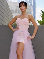 A-Line/Elegant Hand-Made Flower Tulle Sleeveless Sweetheart Prom Dresses