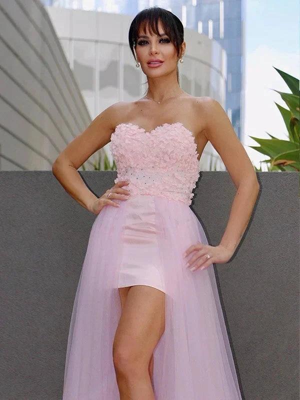 A-Line/Elegant Hand-Made Flower Tulle Sleeveless Sweetheart Prom Dresses