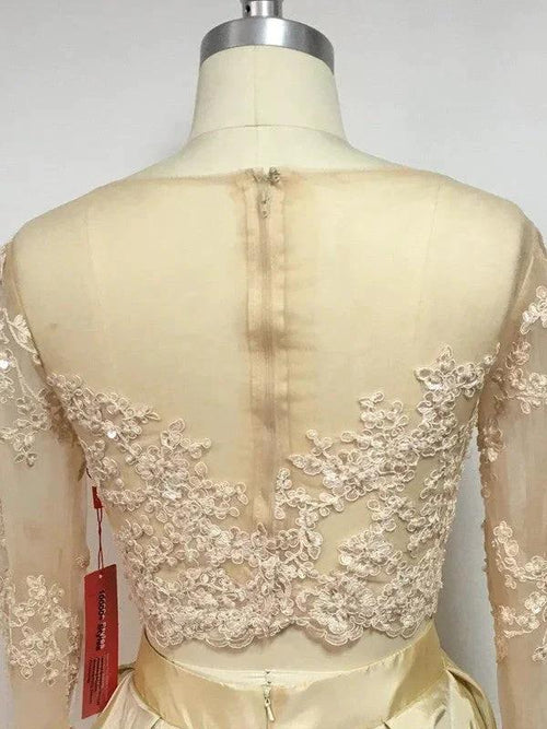 A-Line/Elegant Long Sleeves Scoop Taffeta Applique Floor-Length Two Piece Prom Dresses