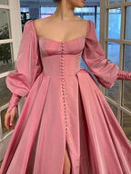 A-Line/Elegant Long Sleeves Square Ruffles Satin Floor-Length Prom Dresses