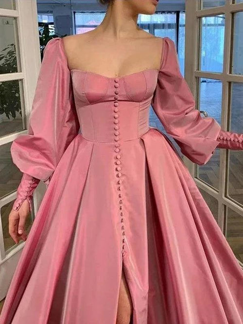 A-Line/Elegant Long Sleeves Square Ruffles Satin Floor-Length Prom Dresses