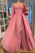 A-Line/Elegant Long Sleeves Square Ruffles Satin Floor-Length Prom Dresses