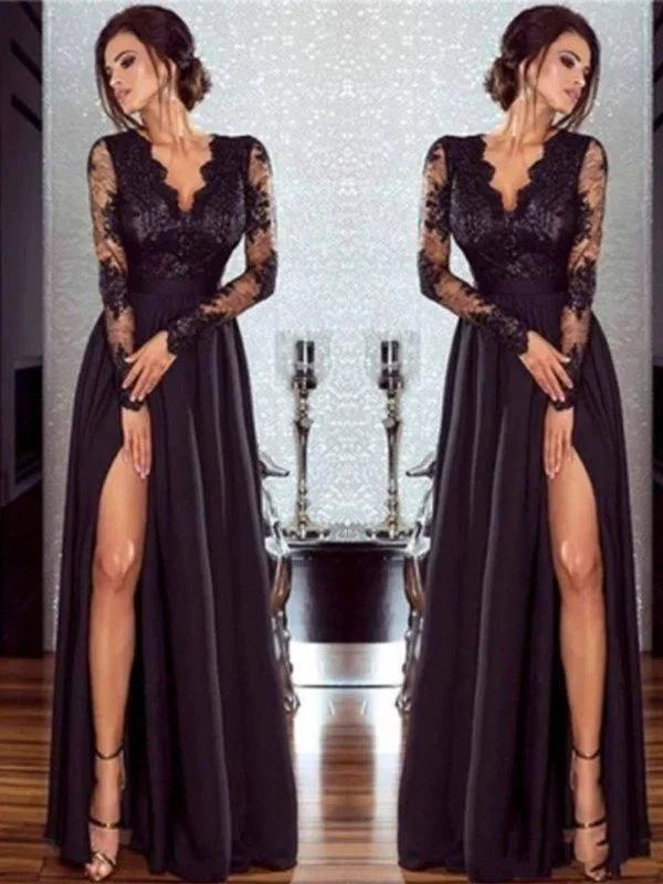 A-Line/Elegant Long Sleeves V-neck Floor-Length Lace Chiffon Applique Prom Dresses