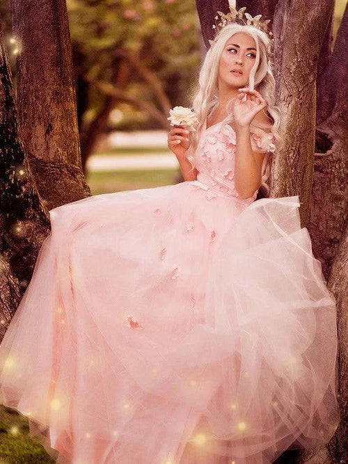 A-Line/Elegant Off-the-Shoulder Applique Tulle Sleeveless Floor-Length Prom Dresses