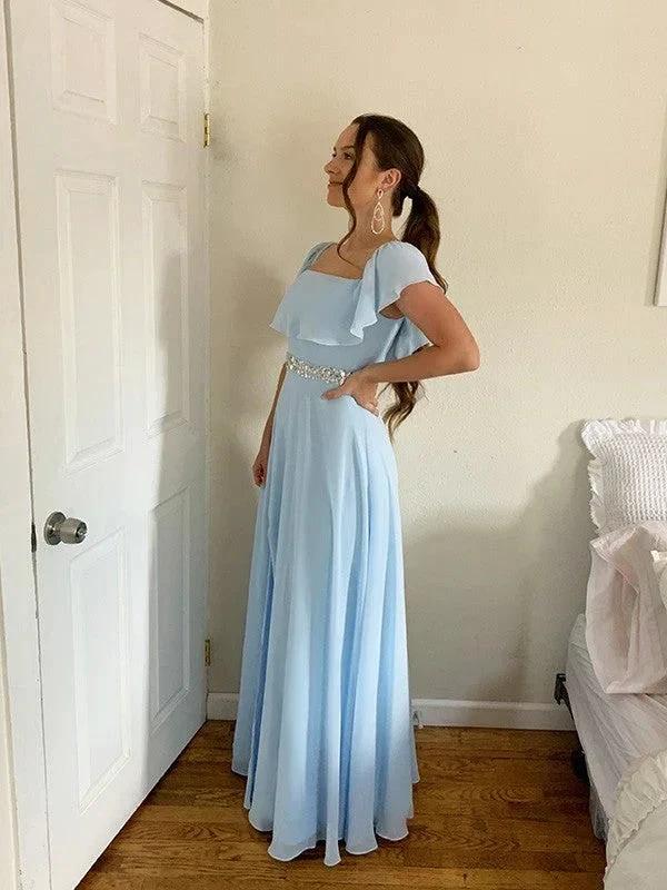A-Line/Elegant Off-the-Shoulder Beading Chiffon Floor-Length Sleeveless Prom Dresses
