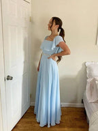 A-Line/Elegant Off-the-Shoulder Beading Chiffon Floor-Length Sleeveless Prom Dresses