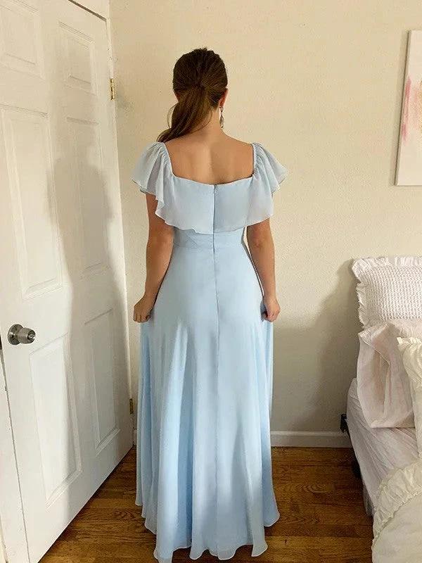A-Line/Elegant Off-the-Shoulder Beading Chiffon Floor-Length Sleeveless Prom Dresses