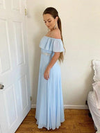 A-Line/Elegant Off-the-Shoulder Beading Chiffon Floor-Length Sleeveless Prom Dresses