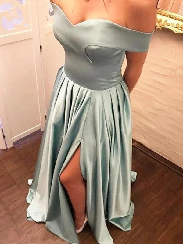 A-Line/Elegant Off-the-Shoulder Ruffles Satin Prom Dresses