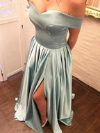 A-Line/Elegant Off-the-Shoulder Ruffles Satin Prom Dresses