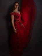 A-Line/Elegant Off-the-Shoulder Tulle Applique Sleeveless Floor-Length Prom Dresses