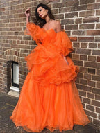A-Line/Elegant Organza Off-the-Shoulder Layers Long Sleeves Floor-Length Prom Dresses