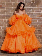 A-Line/Elegant Organza Off-the-Shoulder Layers Long Sleeves Floor-Length Prom Dresses