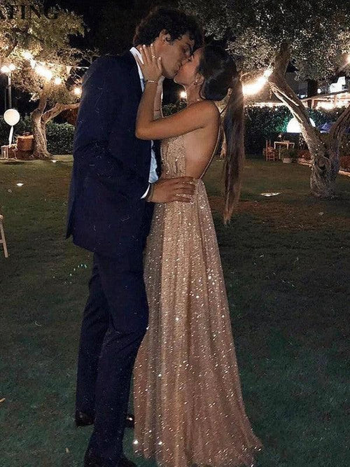 A-Line/Elegant Paillette Tulle V-neck Floor-Length Sleeveless Prom Dresses