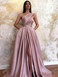 A-Line/Elegant Satin Sleeveless Ruched One-Shoulder Prom Dresses