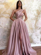 A-Line/Elegant Satin Sleeveless Ruched One-Shoulder Prom Dresses