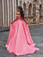 A-Line/Elegant Satin Sleeveless Ruffles Off-the-Shoulder Court Train Prom Dresses