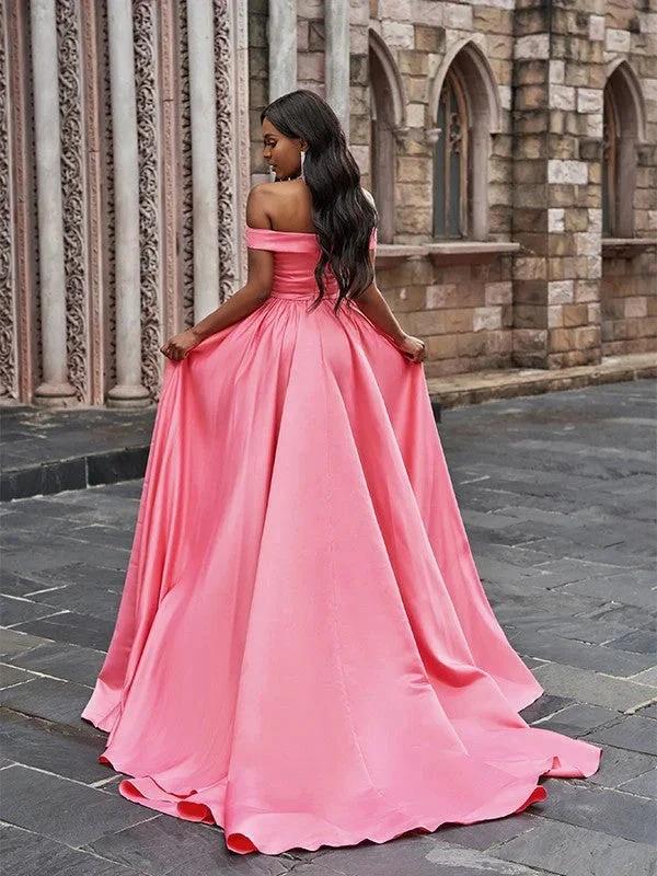 A-Line/Elegant Satin Sleeveless Ruffles Off-the-Shoulder Court Train Prom Dresses