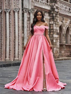 A-Line/Elegant Satin Sleeveless Ruffles Off-the-Shoulder Court Train Prom Dresses