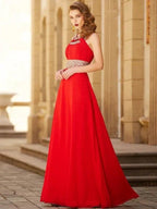 A-Line/Elegant Scoop Beading Sleeveless Floor-length Chiffon Prom Dresses