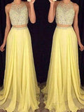 A-Line/Elegant Scoop Sleeveless Beading Chiffon Two Piece Prom Dresses