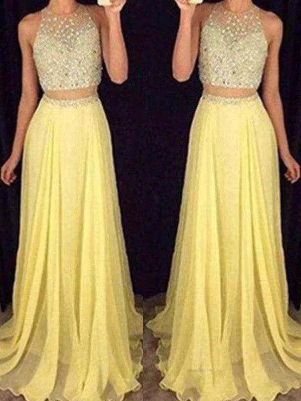 A-Line/Elegant Scoop Sleeveless Beading Chiffon Two Piece Prom Dresses