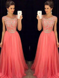 A-Line/Elegant Scoop Sleeveless Beading Floor-Length Chiffon Prom Dresses
