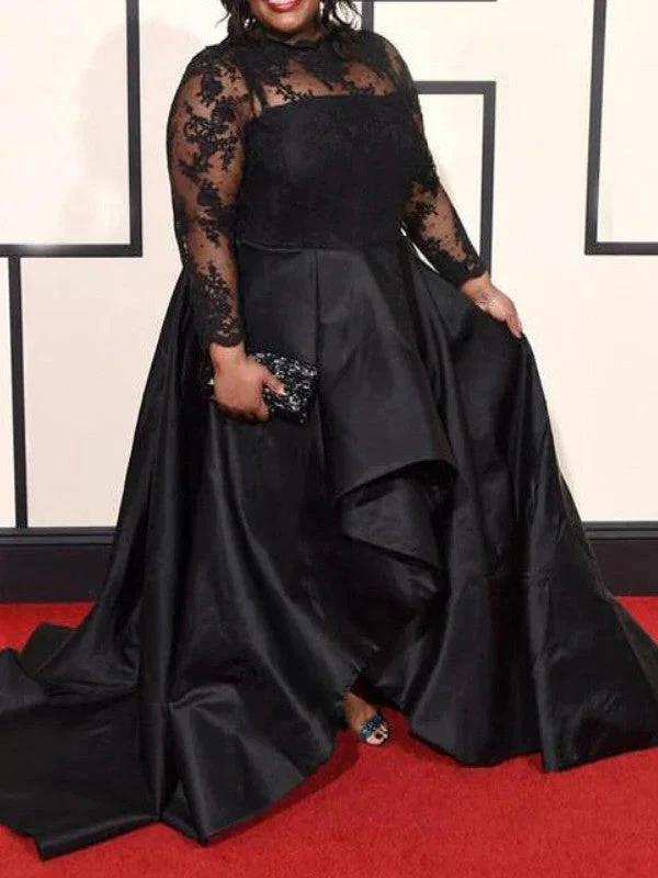 A-Line/Elegant Sheer Neck Long Sleeves Applique Asymmetrical Satin Plus Size Prom Dresses