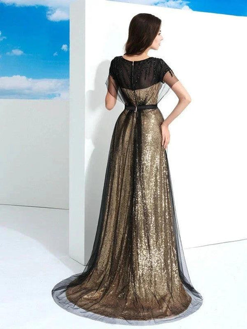 A-Line/Elegant Sheer Neck Paillette Short Sleeves Long Net Prom Dresses