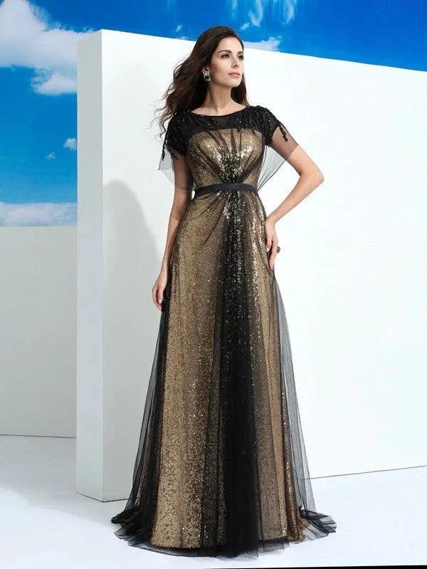 A-Line/Elegant Sheer Neck Paillette Short Sleeves Long Net Prom Dresses