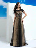 A-Line/Elegant Sheer Neck Paillette Short Sleeves Long Net Prom Dresses