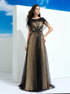 A-Line/Elegant Sheer Neck Paillette Short Sleeves Long Net Prom Dresses