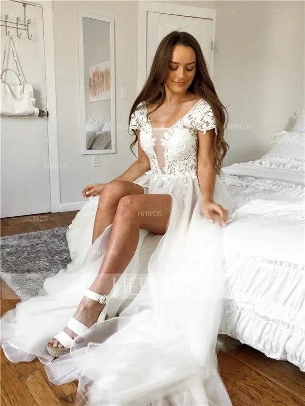 A-Line/Elegant Short Sleeves V-neck Applique Tulle Prom Dresses