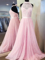A-Line/Elegant Sleeveless Halter Tulle Lace Prom Dresses