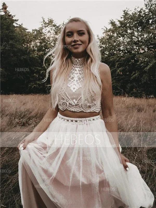 A-Line/Elegant Sleeveless High Neck Tulle Beading Floor-Length Prom Dresses