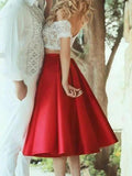 A-Line Elegant Sleeveless Off-the-Shoulder Satin Lace Knee Length Two Piece Prom Dresses