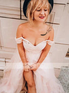 A-Line/Elegant Sleeveless Off-the-Shoulder Tulle Beading Prom Dresses