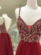 A-Line Elegant Sleeveless Spaghetti Straps Chiffon Floor-Length Beading Prom Dresses