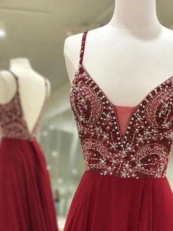 A-Line Elegant Sleeveless Spaghetti Straps Chiffon Floor-Length Beading Prom Dresses