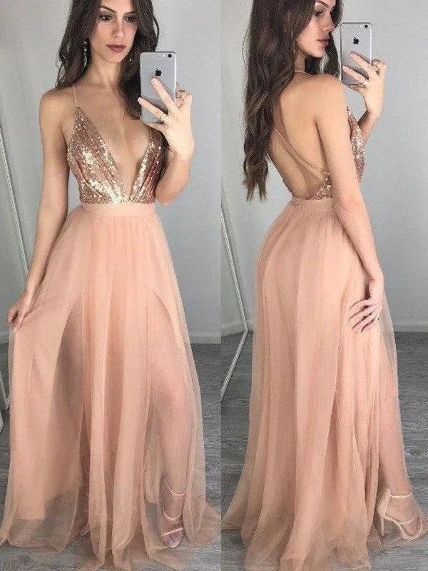 A-Line/Elegant Sleeveless Spaghetti Straps Chiffon Floor-Length Sequin Prom Dresses