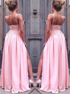 A-Line/Elegant Sleeveless Straps Floor-Length Ruched Silk like Satin Prom Dresses