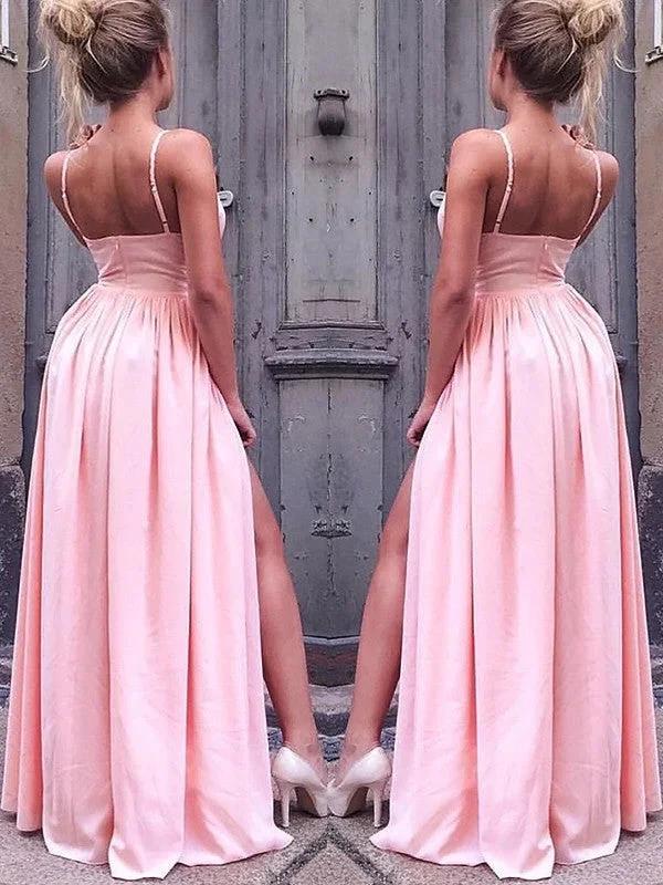 A-Line/Elegant Sleeveless Straps Floor-Length Ruched Silk like Satin Prom Dresses