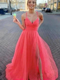 A-Line/Elegant Sleeveless Tulle V-neck Ruched Prom Dresses