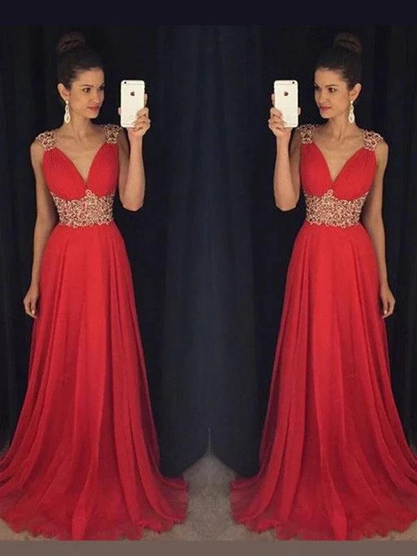 A-Line/Elegant Sleeveless V-neck Beading Floor-Length Chiffon Prom Dresses