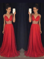 A-Line/Elegant Sleeveless V-neck Beading Floor-Length Chiffon Prom Dresses