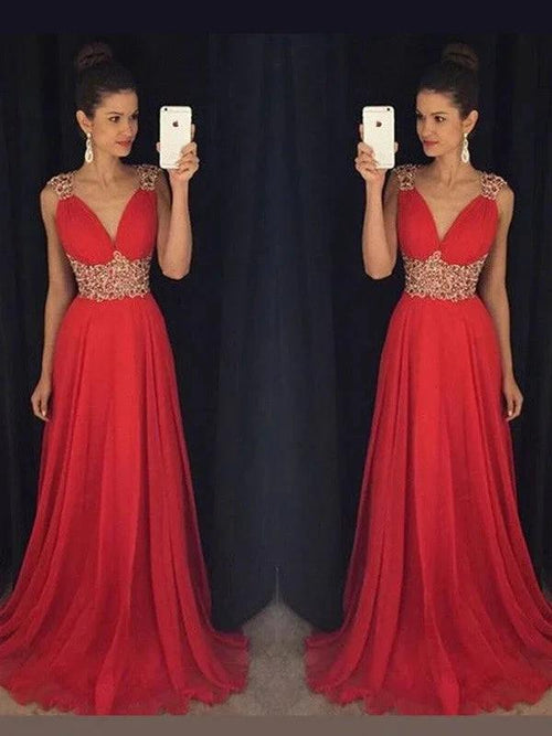 A-Line/Elegant Sleeveless V-neck Beading Floor-Length Chiffon Prom Dresses